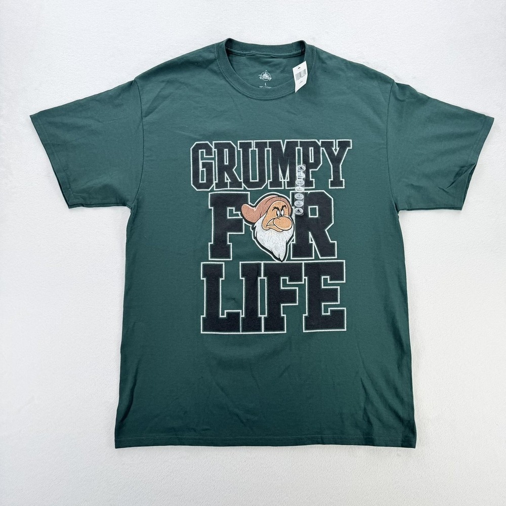 Disney Shirt Mens Large Green Grumpy For Life Graphic Tee Snow White Dwarf NEW
